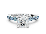 White gold Radiant Cut Diamond Side Stone Solitaire Ring with Round with Aquamarine side stone and Four-Prong Setting