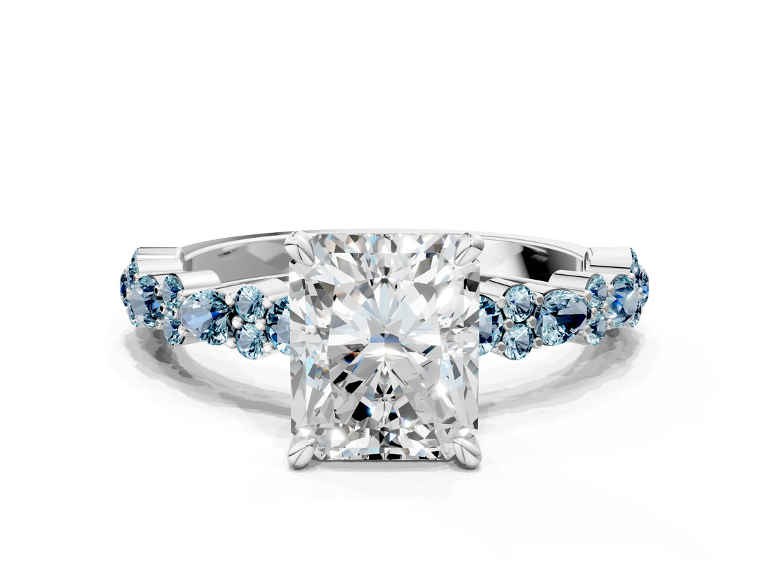 White gold Radiant Cut Diamond Side Stone Solitaire Ring with Round with Aquamarine side stone and Four-Prong Setting_12