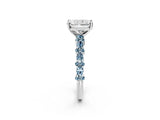 White gold Radiant Cut Diamond Side Stone Solitaire Ring with Round with Aquamarine side stone and Four-Prong Setting_14