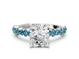White gold Radiant Cut Diamond Side Stone Solitaire Ring with Round with Blue Topaz side stone and Four-Prong Setting