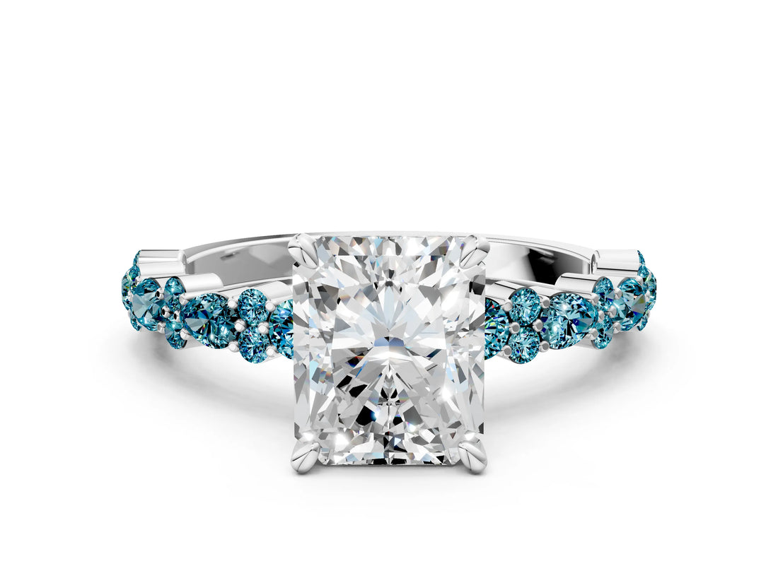 White gold Radiant Cut Diamond Side Stone Solitaire Ring with Round with Blue Topaz side stone and Four-Prong Setting_12