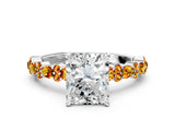 White gold Radiant Cut Diamond Side Stone Solitaire Ring with Round with Citrine side stone and Four-Prong Setting