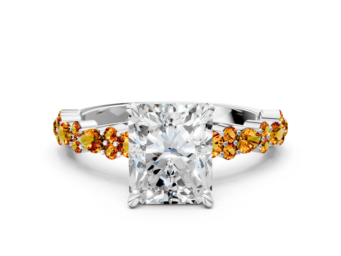 White gold Radiant Cut Diamond Side Stone Solitaire Ring with Round with Citrine side stone and Four-Prong Setting
