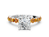 White gold Radiant Cut Diamond Side Stone Solitaire Ring with Round with Citrine side stone and Four-Prong Setting