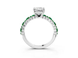 White gold Radiant Cut Diamond Side Stone Solitaire Ring with Round with Emerald side stone and Four-Prong Setting_3