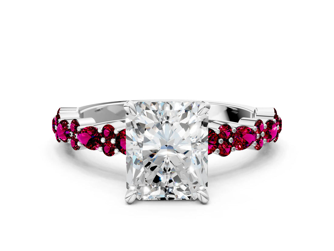 White gold Radiant Cut Diamond Side Stone Solitaire Ring with Round with Garnet side stone and Four-Prong Setting
