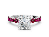 White gold Radiant Cut Diamond Side Stone Solitaire Ring with Round with Garnet side stone and Four-Prong Setting