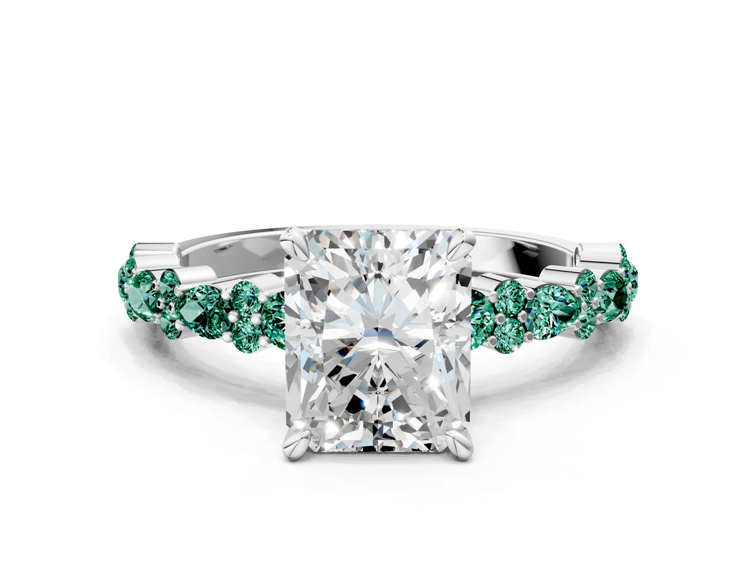 White gold Radiant Cut Diamond Side Stone Solitaire Ring with Round with Green Sapphire side stone and Four-Prong Setting