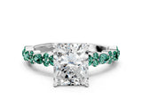 White gold Radiant Cut Diamond Side Stone Solitaire Ring with Round with Green Sapphire side stone and Four-Prong Setting