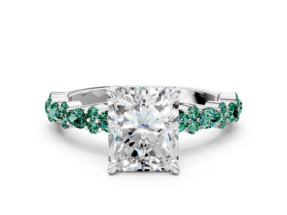 White gold Radiant Cut Diamond Side Stone Solitaire Ring with Round with Green Sapphire side stone and Four-Prong Setting_12