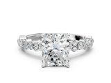 White gold Radiant Cut Diamond Side Stone Solitaire Ring with Round with Moissanite side stone and Four-Prong Setting