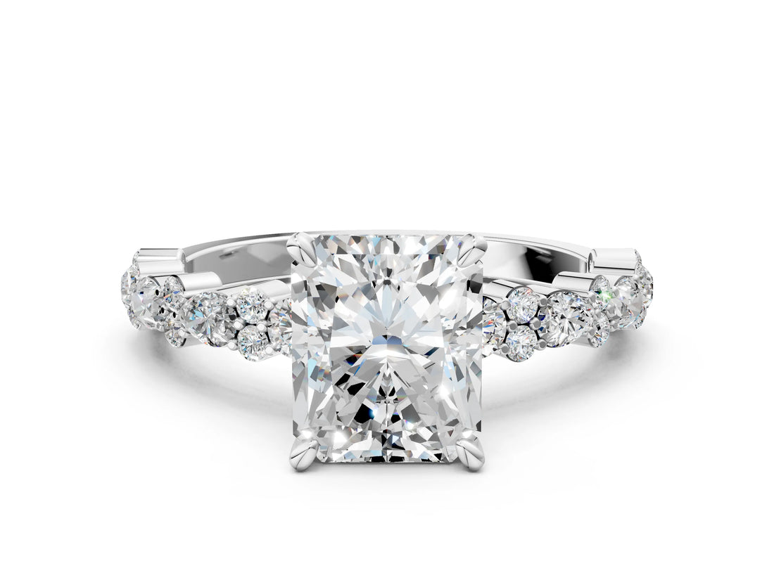 White gold Radiant Cut Diamond Side Stone Solitaire Ring with Round with Moissanite side stone and Four-Prong Setting_12