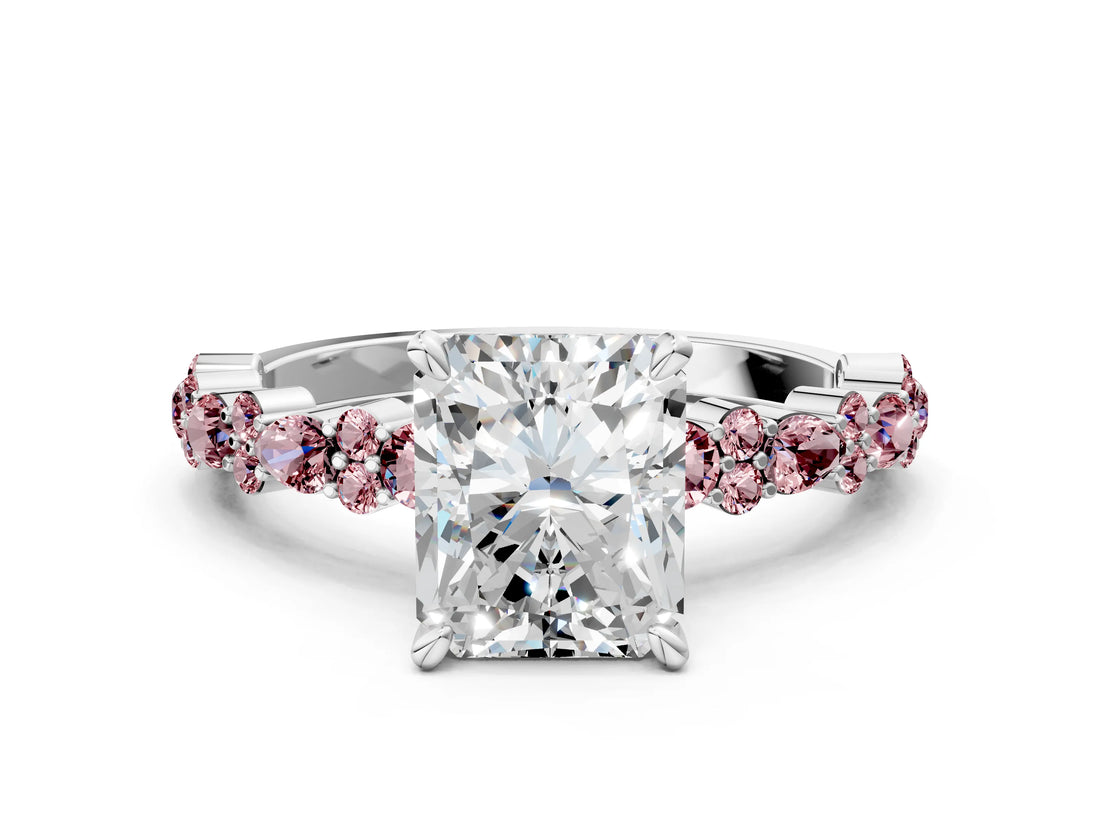 White gold Radiant Cut Diamond Side Stone Solitaire Ring with Round with Morganite side stone and Four-Prong Setting