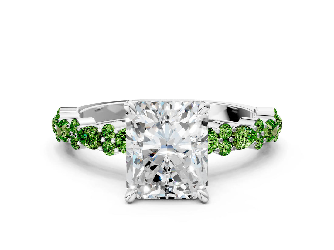 White gold Radiant Cut Diamond Side Stone Solitaire Ring with Round with Peridot side stone and Four-Prong Setting