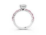 White gold Radiant Cut Diamond Side Stone Solitaire Ring with Round with Pink Sapphire side stone and Four-Prong Setting_3