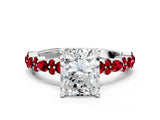 White gold Radiant Cut Diamond Side Stone Solitaire Ring with Round with Ruby side stone and Four-Prong Setting