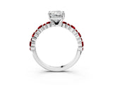 White gold Radiant Cut Diamond Side Stone Solitaire Ring with Round with Ruby side stone and Four-Prong Setting_3