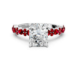 White gold Radiant Cut Diamond Side Stone Solitaire Ring with Round with Ruby side stone and Four-Prong Setting