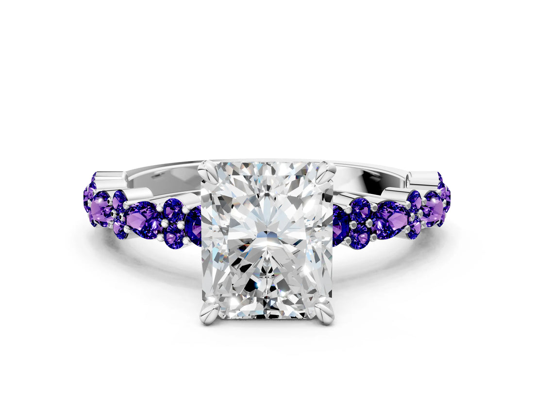 White gold Radiant Cut Diamond Side Stone Solitaire Ring with Round with Tanzanite side stone and Four-Prong Setting