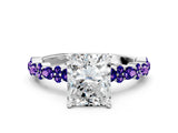 White gold Radiant Cut Diamond Side Stone Solitaire Ring with Round with Tanzanite side stone and Four-Prong Setting