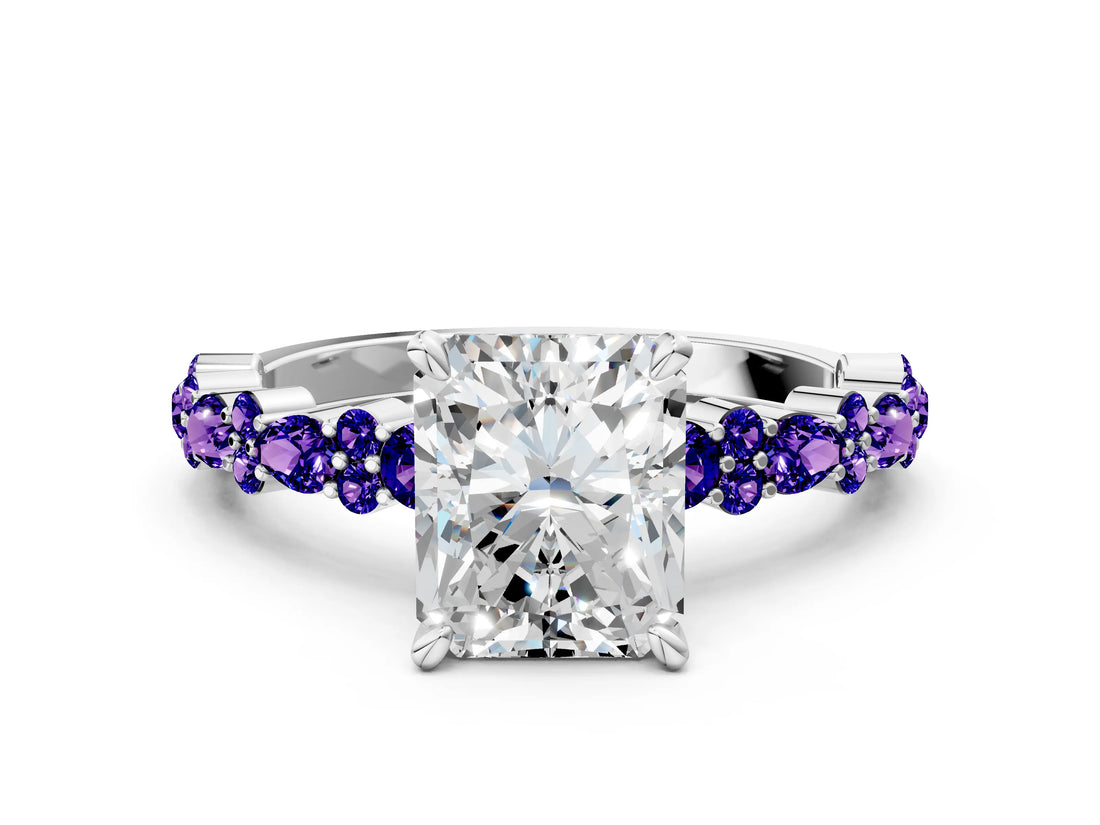 White gold Radiant Cut Diamond Side Stone Solitaire Ring with Round with Tanzanite side stone and Four-Prong Setting_12