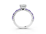 White gold Radiant Cut Diamond Side Stone Solitaire Ring with Round with Tanzanite side stone and Four-Prong Setting_3