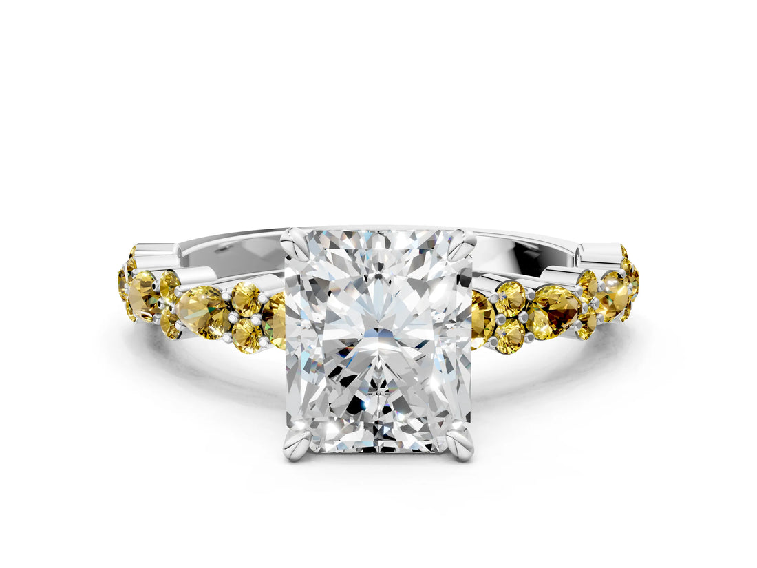 White gold Radiant Cut Diamond Side Stone Solitaire Ring with Round with Yellow Sapphire side stone and Four-Prong Setting