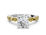 White gold Radiant Cut Diamond Side Stone Solitaire Ring with Round with Yellow Sapphire side stone and Four-Prong Setting