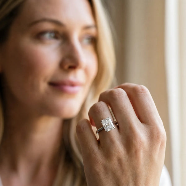 10K White Gold 1.08 Carat D VS1 Radiant Diamond Solitaire Engagement Ring with Classic Band and Four-Prong Setting