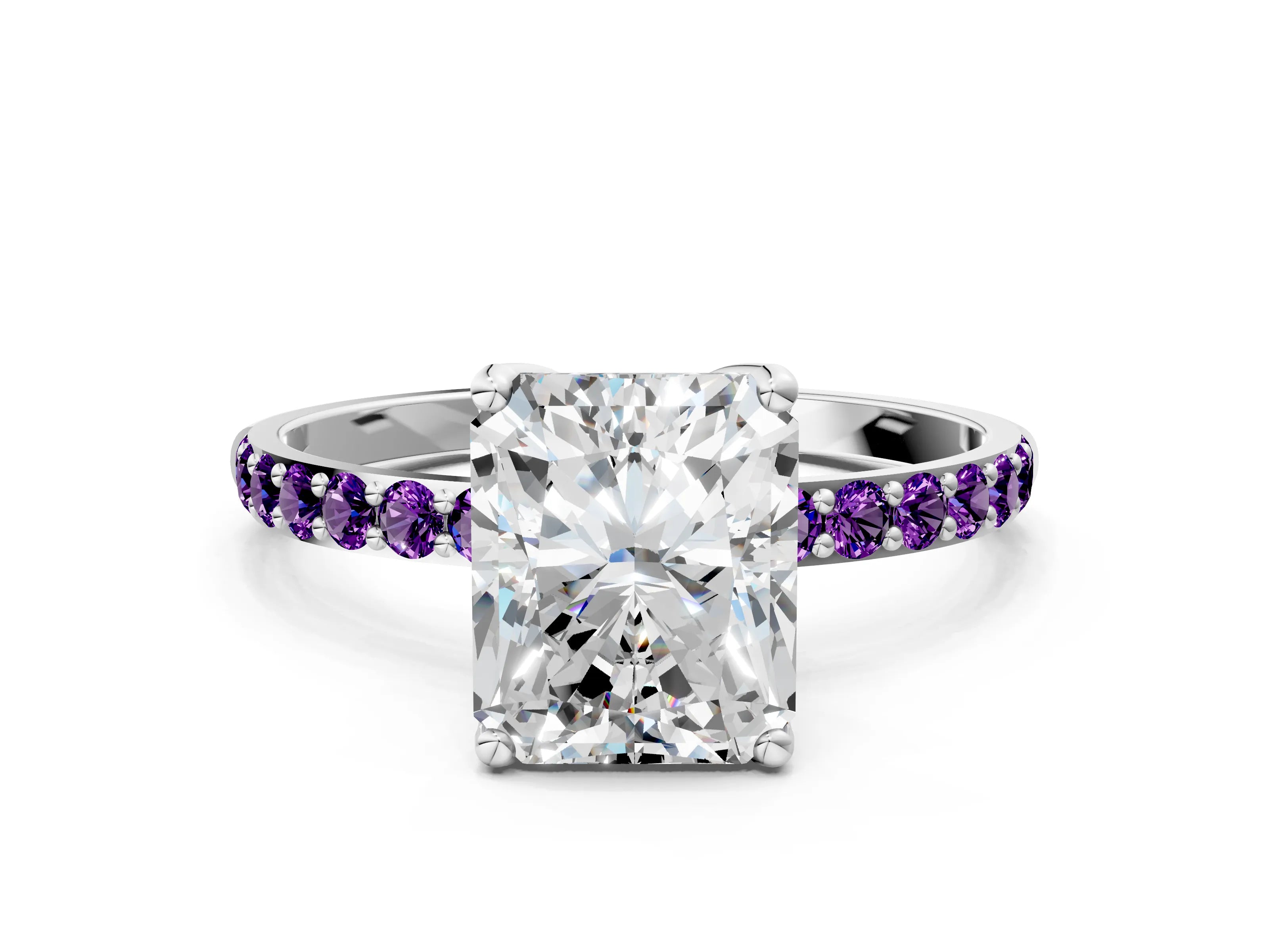 White gold Radiant Cut Diamond Solitaire Engagement Ring with Round with Amethyst side stone Pavé Band and Prong Setting_12