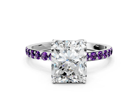 White gold Radiant Cut Diamond Solitaire Engagement Ring with Round with Amethyst side stone Pavé Band and Prong Setting_12
