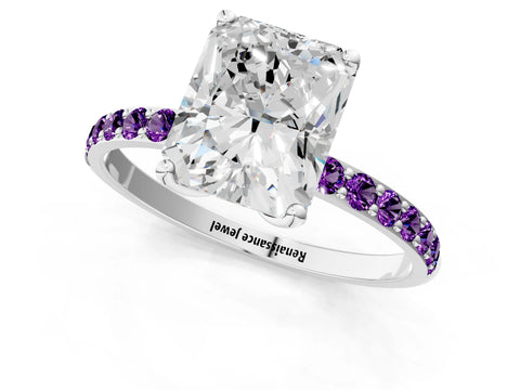 White gold Radiant Cut Diamond Solitaire Engagement Ring with Round with Amethyst side stone Pavé Band and Prong Setting_13