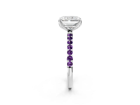 White gold Radiant Cut Diamond Solitaire Engagement Ring with Round with Amethyst side stone Pavé Band and Prong Setting_14
