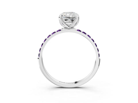 White gold Radiant Cut Diamond Solitaire Engagement Ring with Round with Amethyst side stone Pavé Band and Prong Setting_15