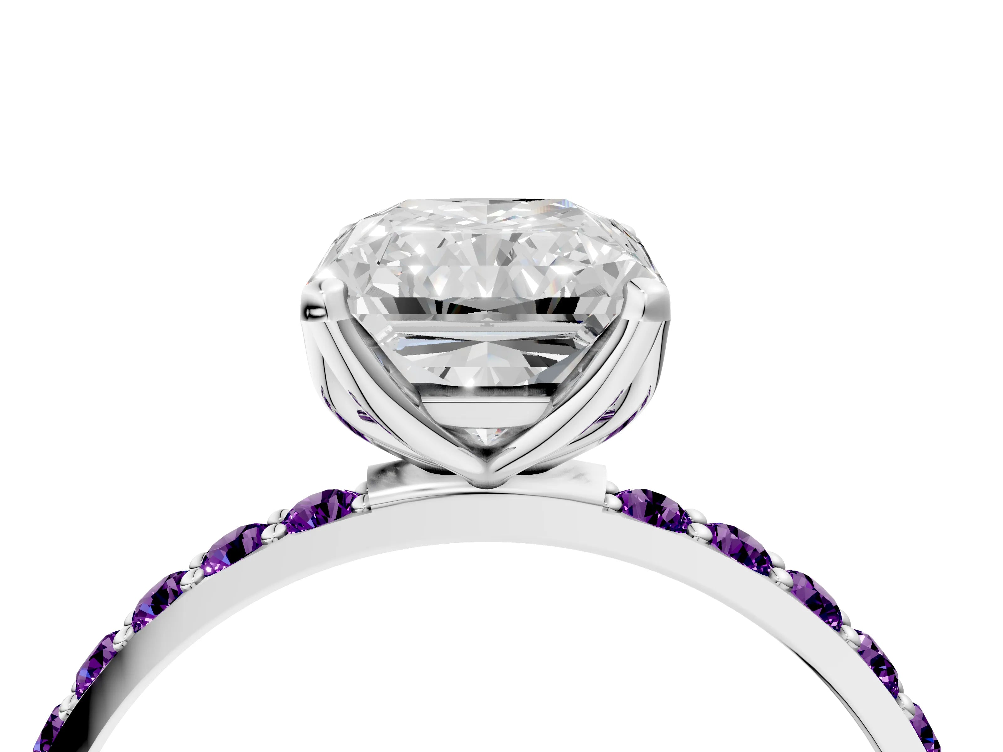 White gold Radiant Cut Diamond Solitaire Engagement Ring with Round with Amethyst side stone Pavé Band and Prong Setting_16