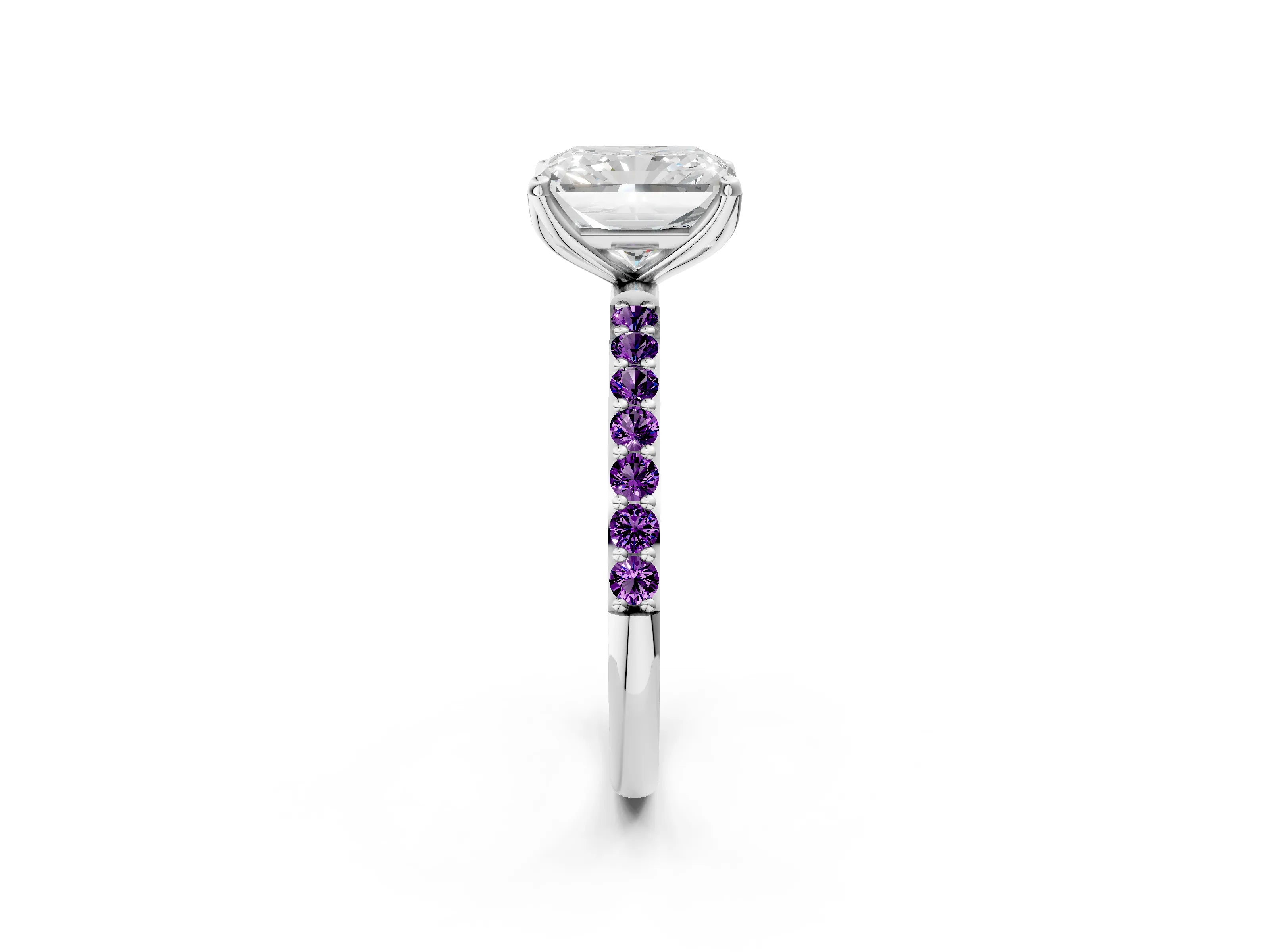 White gold Radiant Cut Diamond Solitaire Engagement Ring with Round with Amethyst side stone Pavé Band and Prong Setting_26