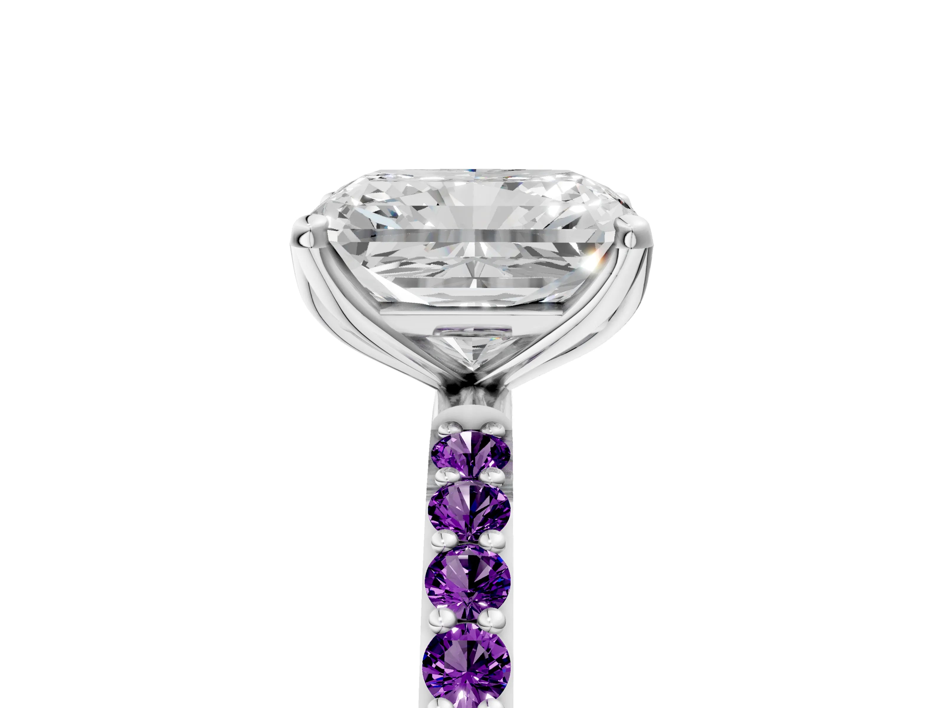 White gold Radiant Cut Diamond Solitaire Engagement Ring with Round with Amethyst side stone Pavé Band and Prong Setting_29