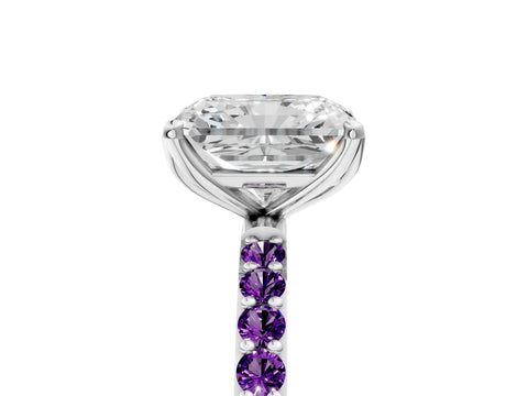 White gold Radiant Cut Diamond Solitaire Engagement Ring with Round with Amethyst side stone Pavé Band and Prong Setting_29