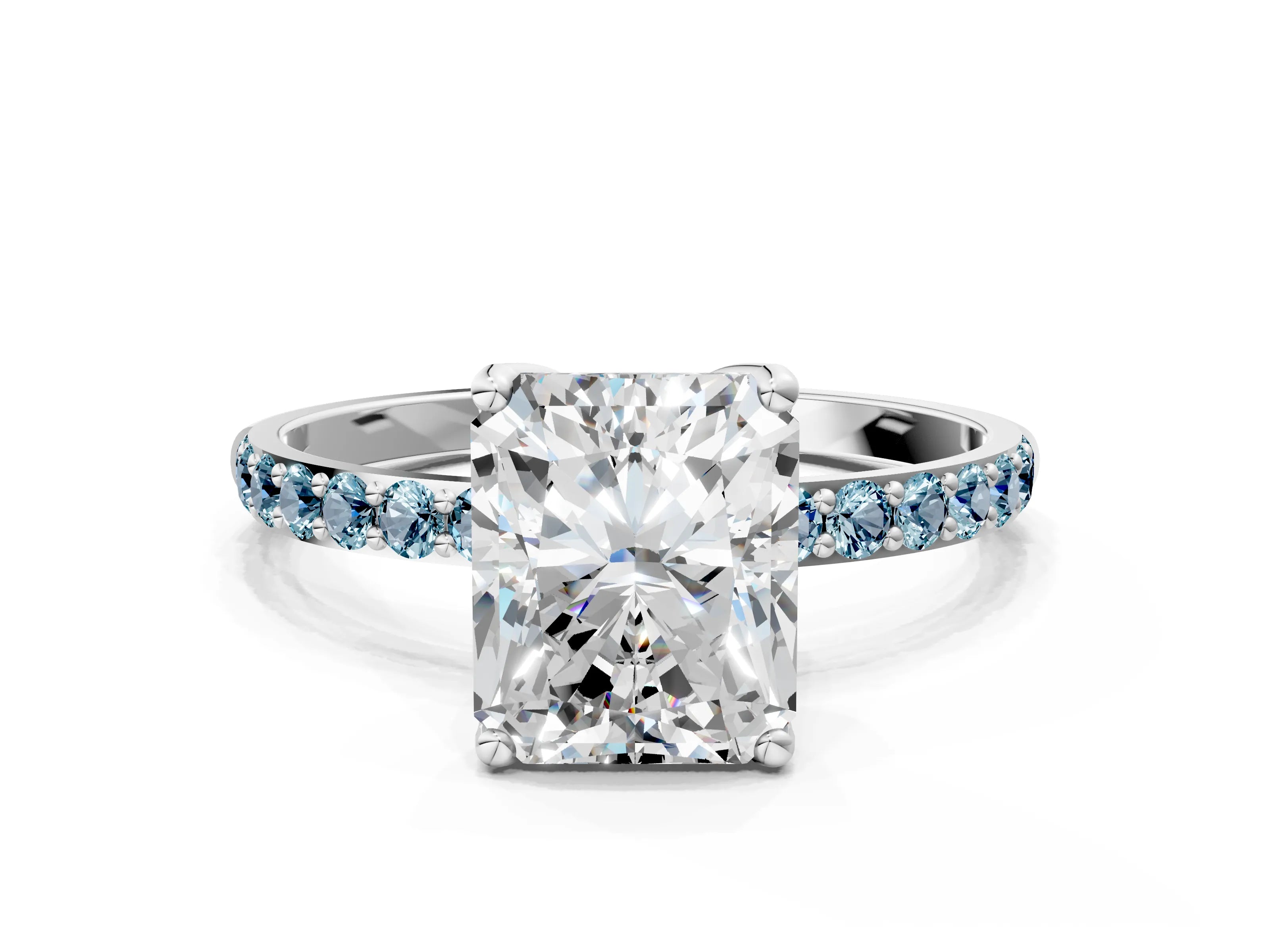 White gold Radiant Cut Diamond Solitaire Engagement Ring with Round with Aquamarine side stone Pavé Band and Prong Setting_12
