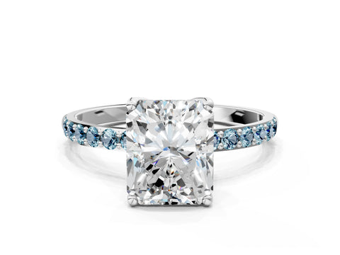 White gold Radiant Cut Diamond Solitaire Engagement Ring with Round with Aquamarine side stone Pavé Band and Prong Setting_12