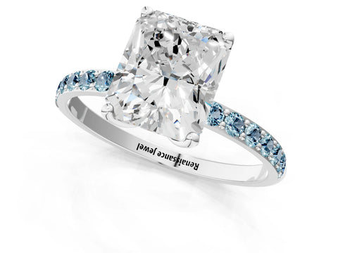 White gold Radiant Cut Diamond Solitaire Engagement Ring with Round with Aquamarine side stone Pavé Band and Prong Setting_13
