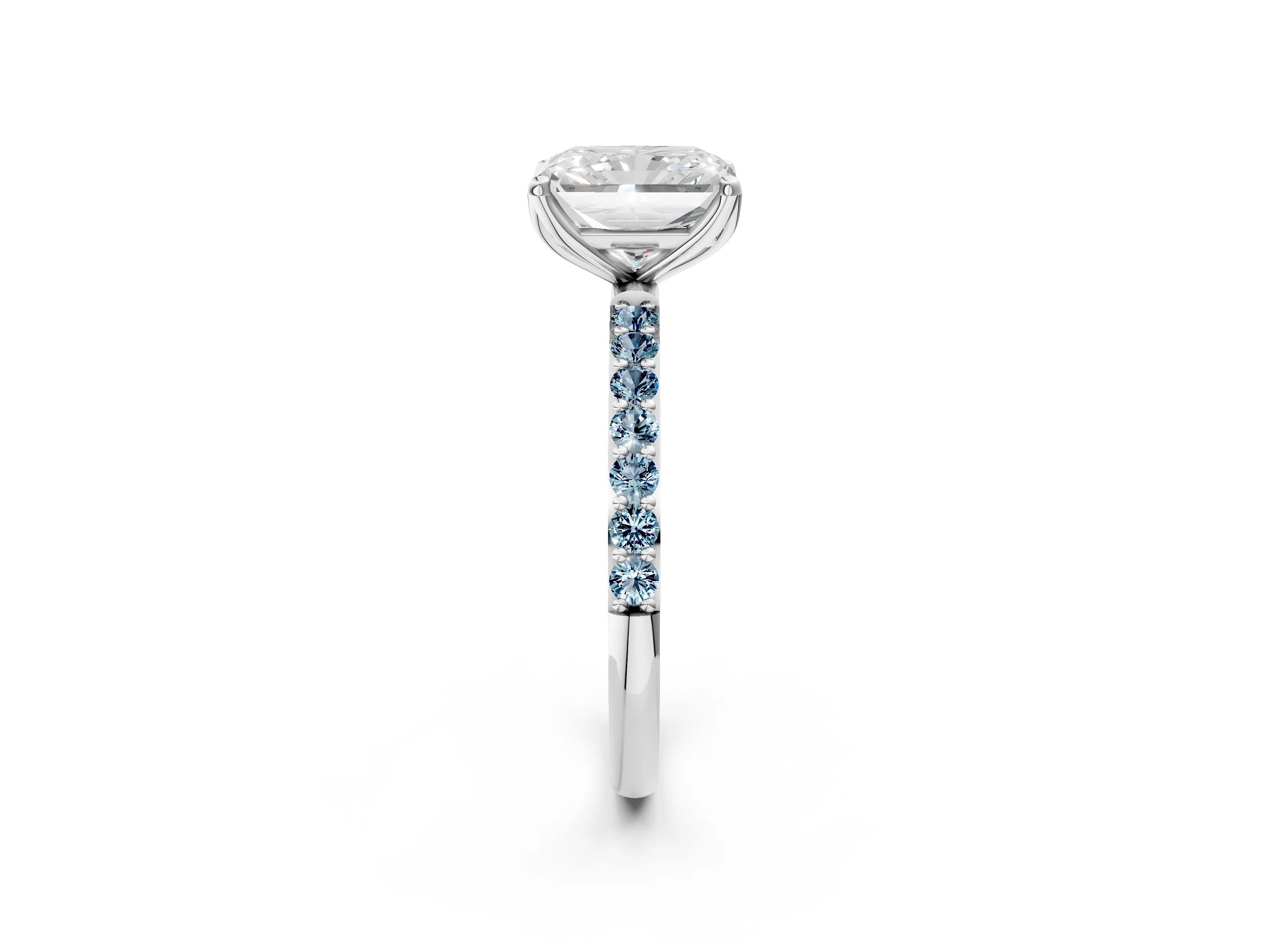 White gold Radiant Cut Diamond Solitaire Engagement Ring with Round with Aquamarine side stone Pavé Band and Prong Setting_14