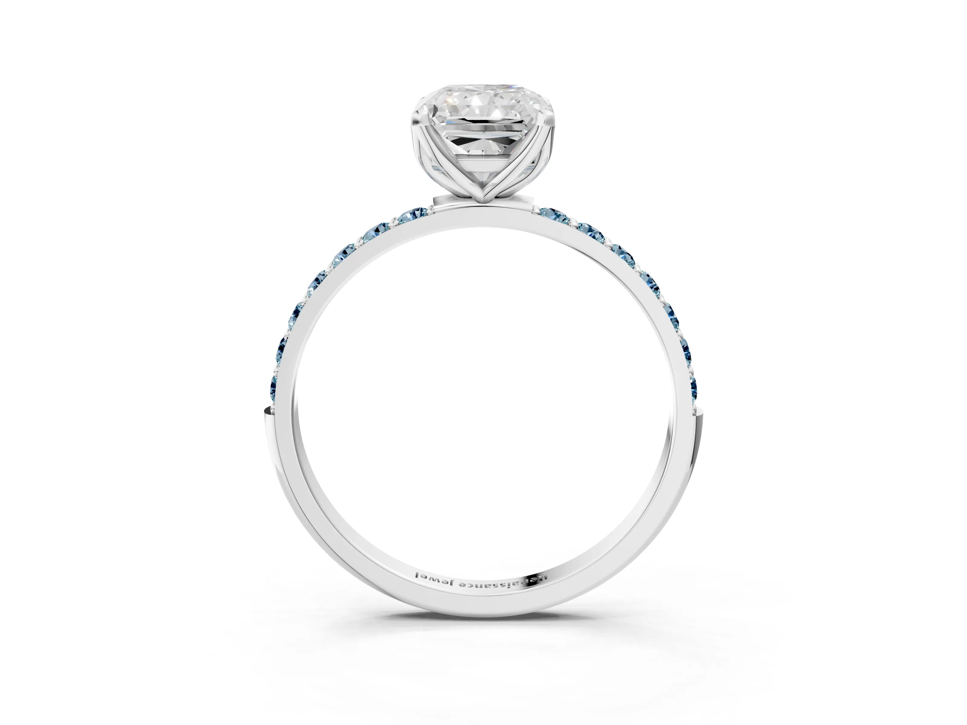 White gold Radiant Cut Diamond Solitaire Engagement Ring with Round with Aquamarine side stone Pavé Band and Prong Setting_15