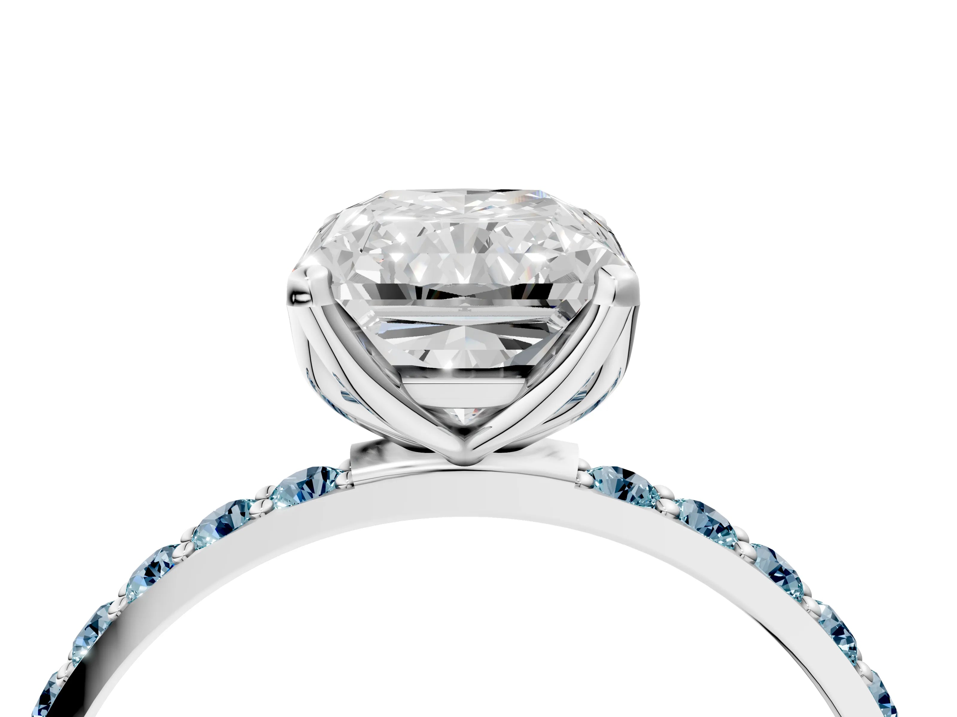 White gold Radiant Cut Diamond Solitaire Engagement Ring with Round with Aquamarine side stone Pavé Band and Prong Setting_16