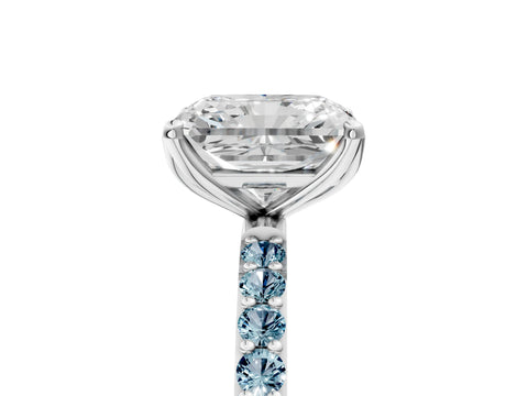 White gold Radiant Cut Diamond Solitaire Engagement Ring with Round with Aquamarine side stone Pavé Band and Prong Setting_17