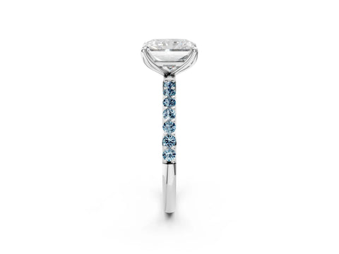 White gold Radiant Cut Diamond Solitaire Engagement Ring with Round with Aquamarine side stone Pavé Band and Prong Setting_26