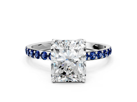 White gold Radiant Cut Diamond Solitaire Engagement Ring with Round with Blue Sapphire side stone Pavé Band and Prong Setting_12