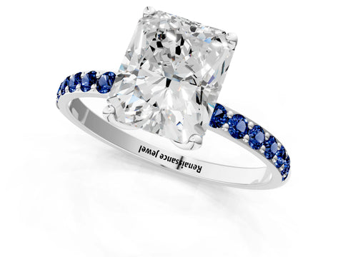 White gold Radiant Cut Diamond Solitaire Engagement Ring with Round with Blue Sapphire side stone Pavé Band and Prong Setting_13