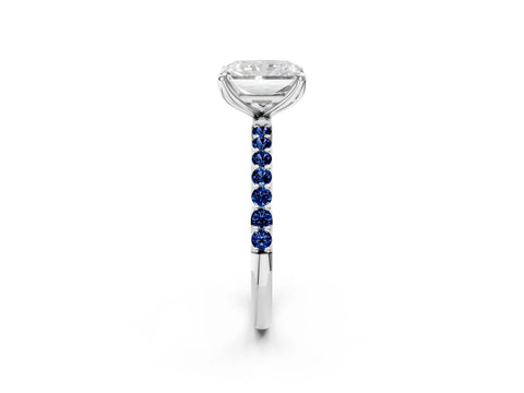 White gold Radiant Cut Diamond Solitaire Engagement Ring with Round with Blue Sapphire side stone Pavé Band and Prong Setting_14