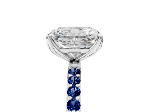 White gold Radiant Cut Diamond Solitaire Engagement Ring with Round with Blue Sapphire side stone Pavé Band and Prong Setting_17